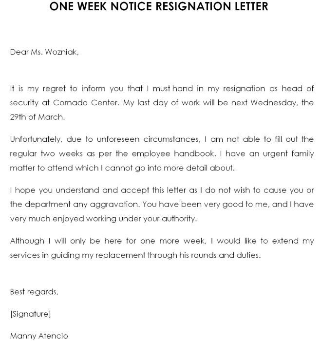one week notice resignation letter