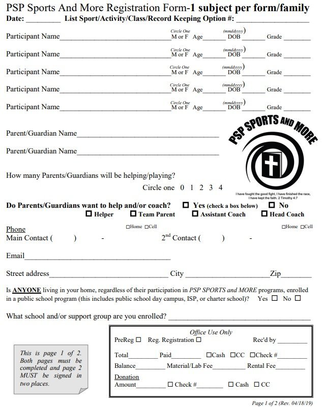 PSP sports official registration form