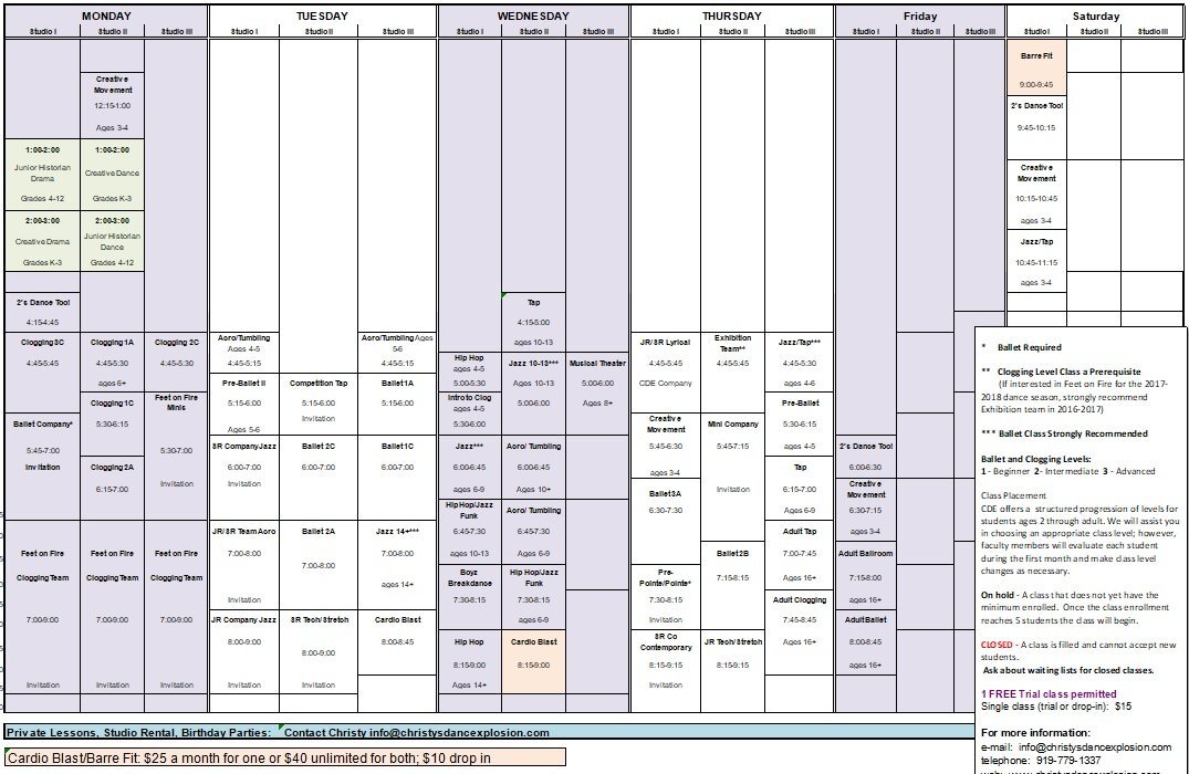 dance class schedule template