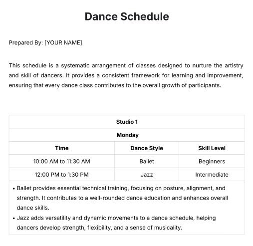 dance studio schedule template
