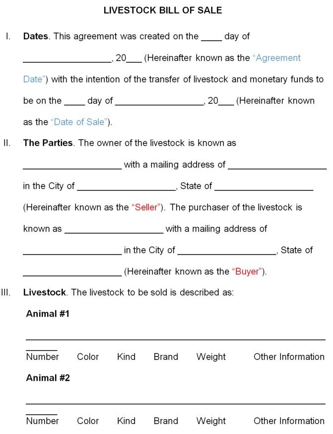 livestock bill of sale template