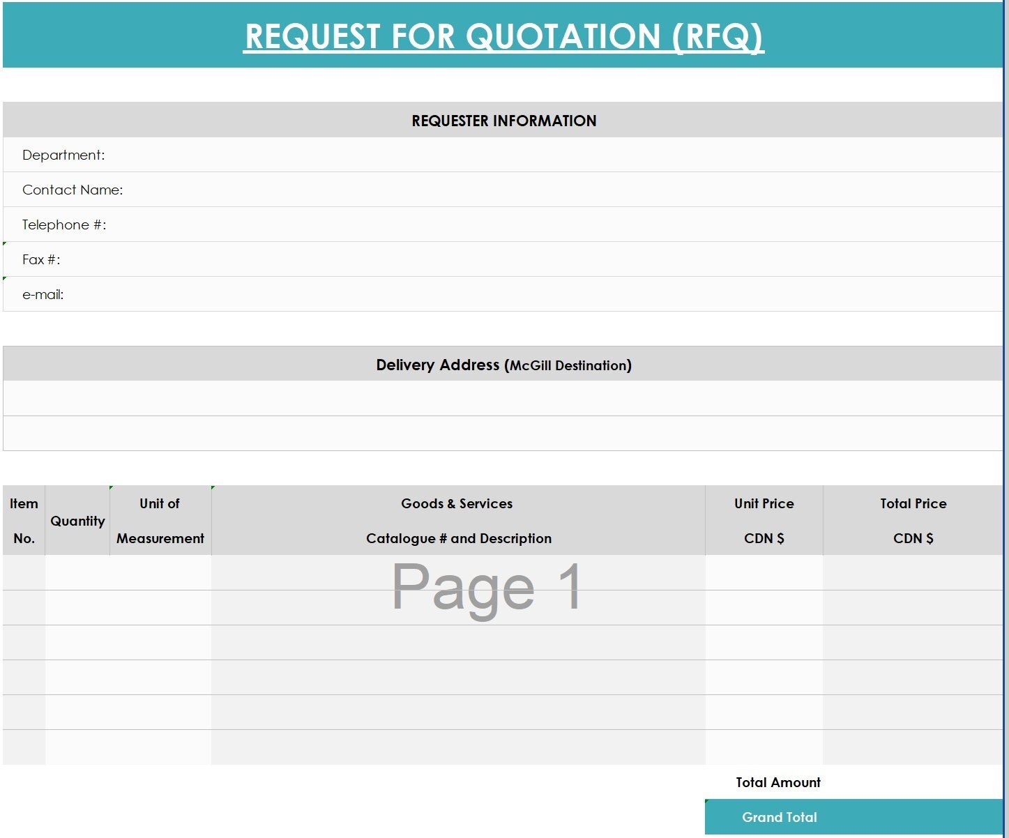 request for quote form template excel
