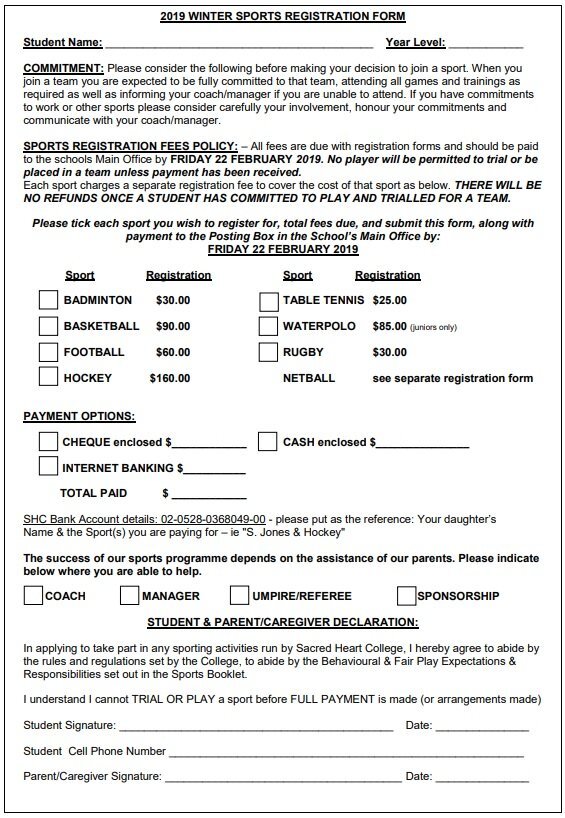 winter sports registration form