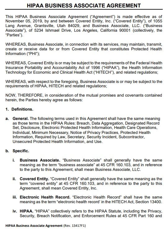 HIPAA business associate agreement template