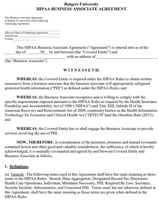 Rutgers university hipaa business associate agreement form