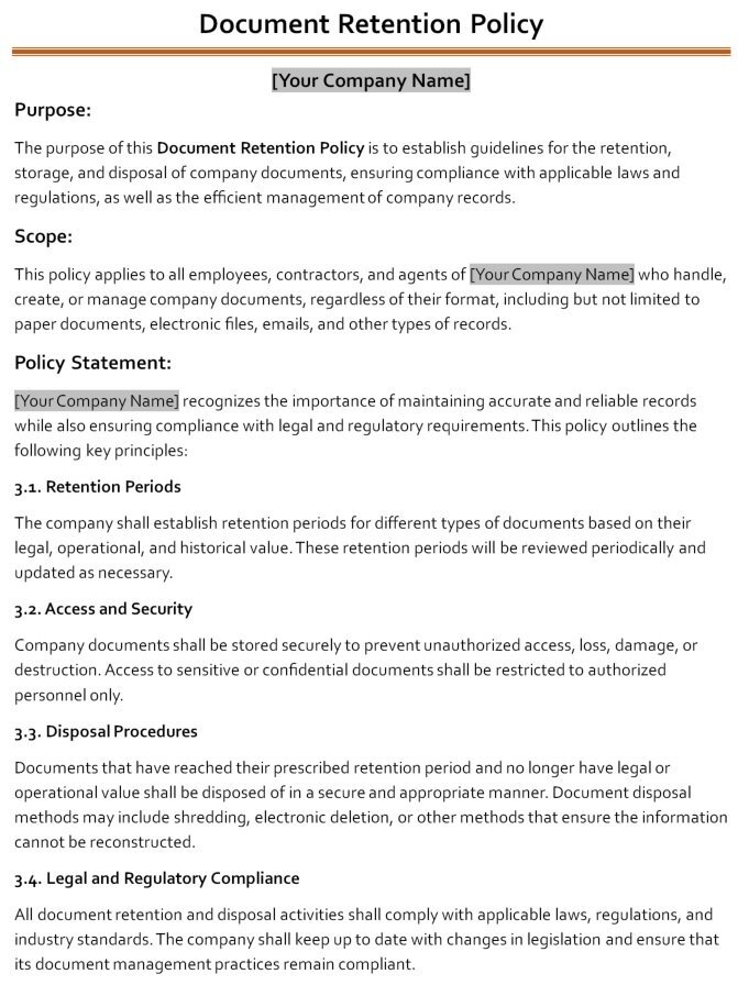 document retention policy template