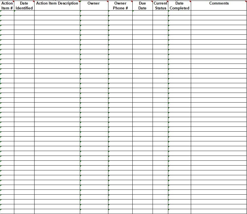 project open action item log template excel